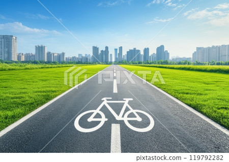 Asphalt bike path in the city park. Bike lane. No people. Bicycle way. Cycling and outdoor adventures concept. Urban lifestyle. Summer hobby. Banner, card, poster with text space Asphalt bike path in the city park. Bike lane. No people. Bicycle way. Cycling and outdoor adventures concept. Urban lifestyle. Summer hobby. Banner, card, poster with text space 119792282