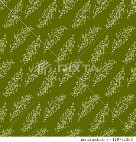 Seamless pattern of rosemary branch in line art style on green background. Design with herb. Fresh vegetable backdrop for menu, delivery design, package. Seamless pattern of rosemary branch in line art style on green background. Design with herb. Fresh vegetable backdrop for menu, delivery design, package. 119792308