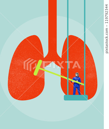 Contemporary art collage. Medical professional cleaning lungs, symbolizing respiratory health and preventive care. 119792344