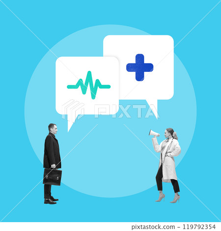 Contemporary art collage. Doctor and patient engage in meaningful dialogue, illustrating importance of communication in healthcare. Contemporary art collage. Doctor and patient engage in meaningful dialogue, illustrating importance of communication in healthcare. 119792354