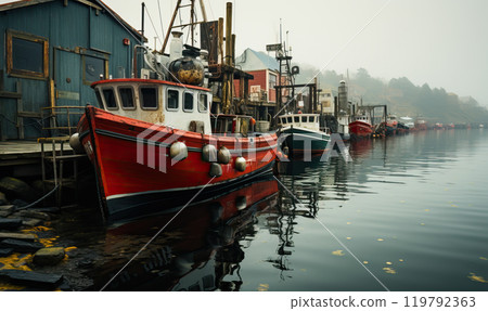Red and White Boat Docked at Dock 119792363