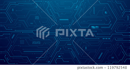 Technology background. AI circuit board with electronics elements 119792548
