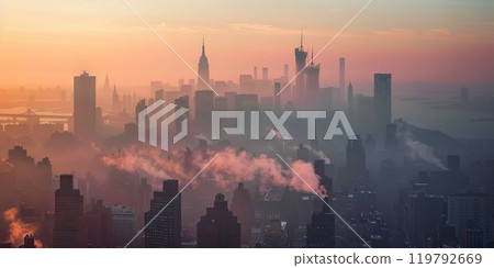 New York cityscape at sunrise 01 119792669