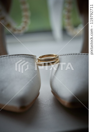 Stylish bride's shoes with gold wedding rings close up 119792711