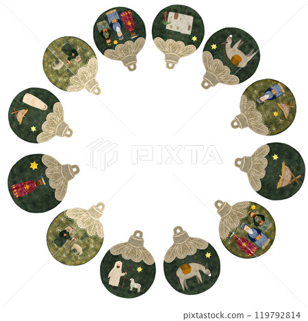 Christmas tree decorative ball with nativity scene round watercolor frame isolated on white. Illustration for, invitations, cards, Christmas, cards, stickers, posters, advent calendar, banner 119792814