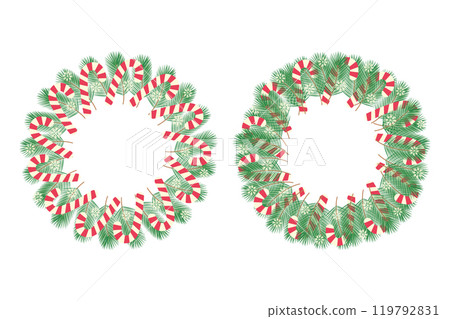 Pine branches wreath decorated striped candy canes and snowflakes. Circle Christmas frame border Set Pine branches wreath decorated striped candy canes and snowflakes. Circle Christmas frame border Set 119792831