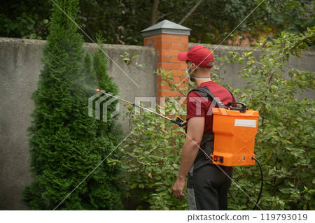 Man in a red hat is spraying a tree with a hose 119793019