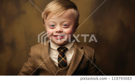 Portrait of smiling laughing boy child with Down syndrome golden background. 119793083