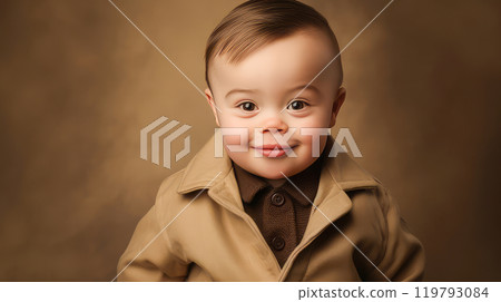 Portrait of smiling laughing boy child with Down syndrome brown background. 119793084