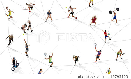Aerial view of athletes in circular network, engaging in various sports like basketball, weightlifting, tennis, and boxing. 119793103
