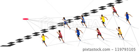 Top view of runners in race network, connected to finish with lines. 119793105