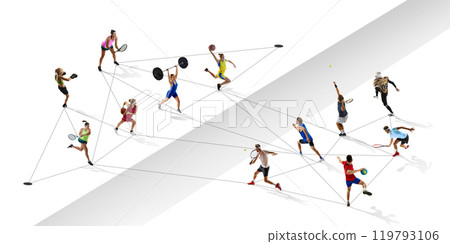 Top view. Athletes participating in a network of sports, connected with lines. Tennis, weightlifting, handball, American football. 119793106