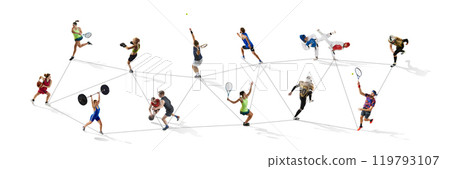 High-angle view of athletes in action across different sports, connected by lines representing network 119793107