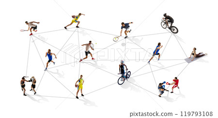 Expansive web of athletes performing variety of sports including tennis, running, cycling, and boxing, connected with lines 119793108