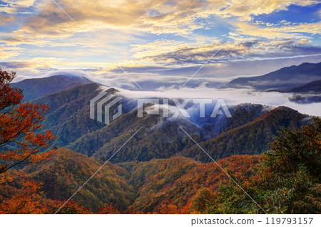 Autumn clouds over the waterfall at Shiori Pass 119793157