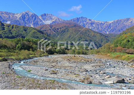 Autumn view of the Northern Alps from Hakuba Bridge Autumn view of the Northern Alps from Hakuba Bridge 119793196
