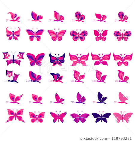 Set of cute pink and purple butterflies with open and closed wings. Vector illustration in flat style, isolated on white background. 119793251