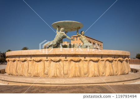 Triton Fountain landmark features three bronze mythological figures. Valletta, Malta Triton Fountain landmark features three bronze mythological figures. Valletta, Malta 119793494