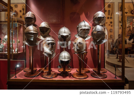 Grandmaster's Palace, Valletta, Malta, Exhibition of historic helmets. Grandmaster's Palace, Valletta, Malta, Exhibition of historic helmets. 119793495