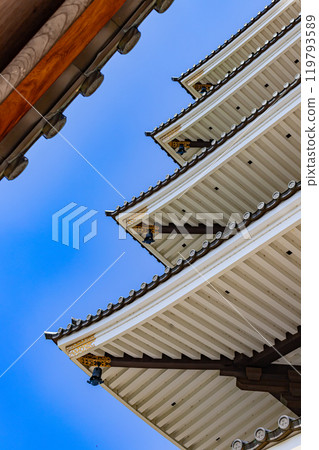 Looking up at the five-story pagoda at Qingdao Temple 119793589