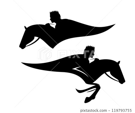 black vector silhouette portrait of fairy tale prince riding jumping horse 119793755