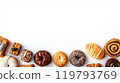 Various types of bread and donuts photographed from above 119793769