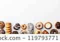 Various types of bread and donuts photographed from above 119793771