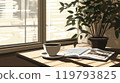 Coffee, potted plants and magazines on a windowsill 119793825