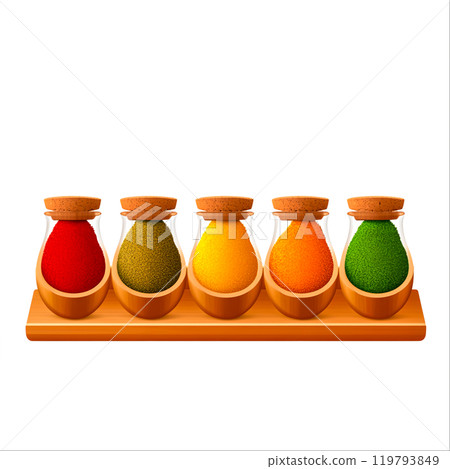 Colorful Spices in Jars on Wooden Tray Colorful Spices in Jars on Wooden Tray 119793849