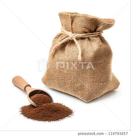 Burlap Bag with Ground Coffee and Wooden Scoop Burlap Bag with Ground Coffee and Wooden Scoop 119793857