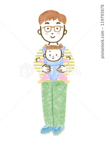 手繪插圖：一位父親抱著他的孩子（男孩）在嬰兒背帶中 119793878
