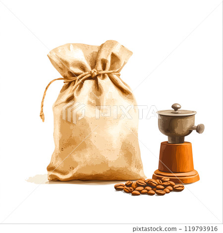 Vintage Coffee Grinder and Sack of Beans 119793916