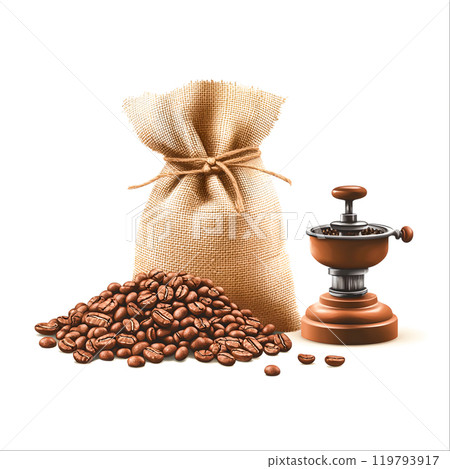 Coffee Beans and Grinder on White Background 119793917