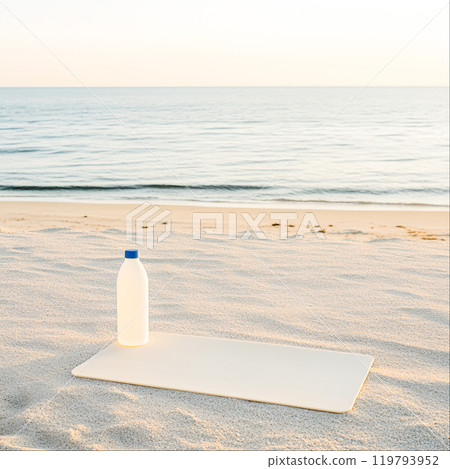 Calm Beach Scene with Water Bottle and Mat 119793952