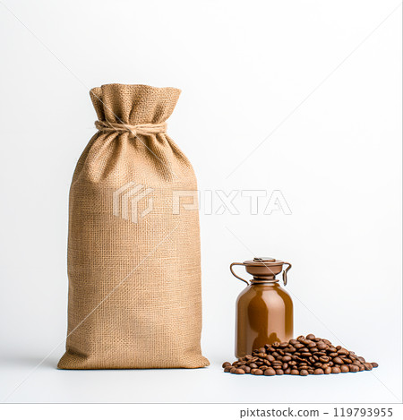 Coffee Bag and Jar with Beans on Light Background Coffee Bag and Jar with Beans on Light Background 119793955