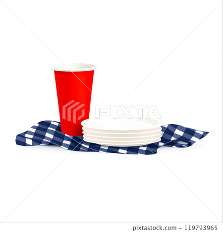 Red Cup and Plates on Checkered Tablecloth Red Cup and Plates on Checkered Tablecloth 119793965
