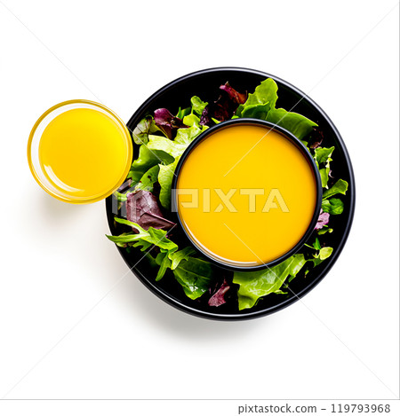 Fresh Salad and Vibrant Dressing on White Background Fresh Salad and Vibrant Dressing on White Background 119793968