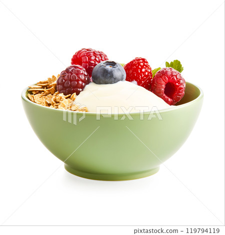 Fresh Yogurt with Berries and Granola in Bowl Fresh Yogurt with Berries and Granola in Bowl 119794119