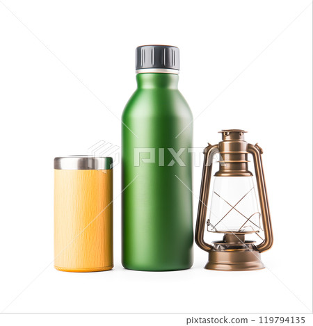 Camping Essentials: Bottle, Lantern, and Container Camping Essentials: Bottle, Lantern, and Container 119794135