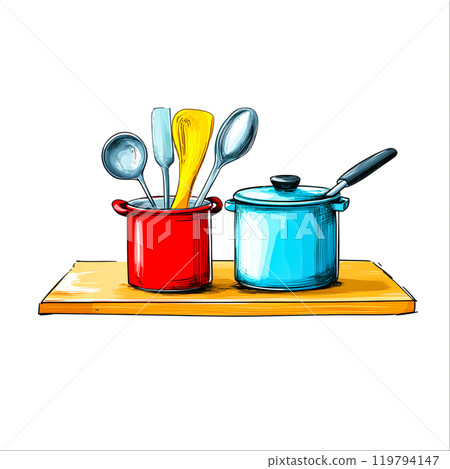 Colorful Kitchen Utensils on Wooden Table Colorful Kitchen Utensils on Wooden Table 119794147