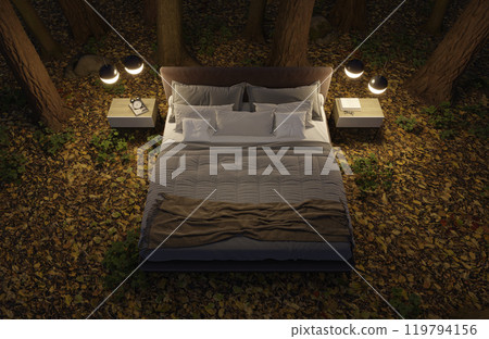 A bed in the autumn forest at night, illuminated by lamps in a clearing among the trees. 3d illustration. A bed in the autumn forest at night, illuminated by lamps in a clearing among the trees. 3d illustration. 119794156