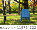 Blue chair and autumn leaves 119794222