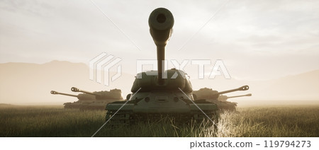 3d illustration. A tank division in a field at sunset in a hilly area.	 119794273