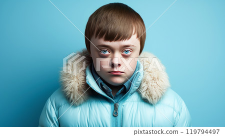 Portrait of smiling laughing teenager guy with Down syndrome blue background. 119794497