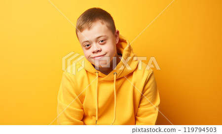 Portrait of smiling laughing teenager guy with Down syndrome yellow background. 119794503