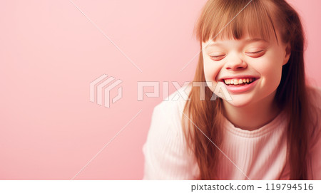 Portrait of smiling laughing teenage girl with Down syndrome pink background. 119794516