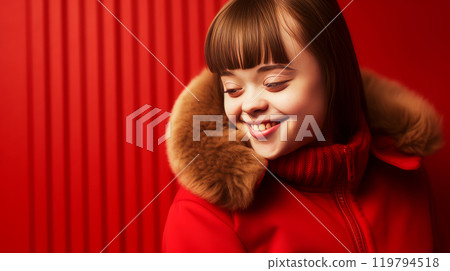 Portrait of smiling laughing teenage girl with Down syndrome red background. 119794518