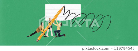 Contemporary art collage. Students hold giant pencil, collaboratively writing on notebook paper, symbolizing teamwork, shared learning. 119794543