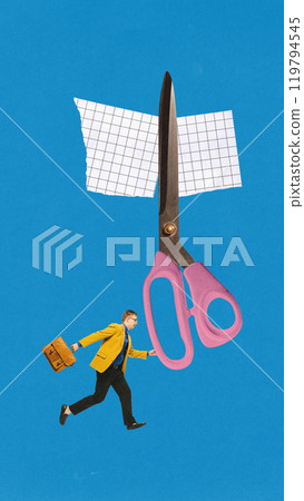 Contemporary art collage. Man runs with giant scissors cutting paper, symbolizing bold decisions and power to eliminate obstacles 119794545