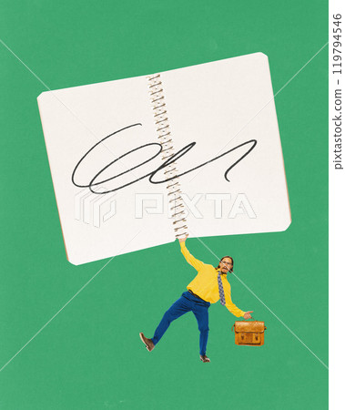 Contemporary art collage. man holds giant notebook and bag symbolizing readiness to capture ideas, strategize, and innovate. 119794546